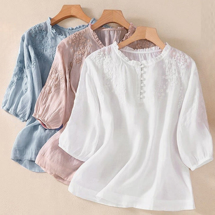 Camisa informal de manga corta abullonada con diseño floral bordado y botones lisos de Buddha Stones para mujer - image 19