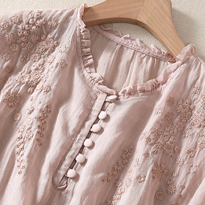 Camisa informal de manga corta abullonada con diseño floral bordado y botones lisos de Buddha Stones para mujer - image 17