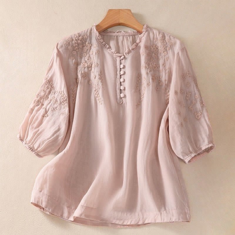 Camisa informal de manga corta abullonada con diseño floral bordado y botones lisos de Buddha Stones para mujer - Rosa claro - US8-10，UK/AU12-14，EU40-42 (2XL) - image 13