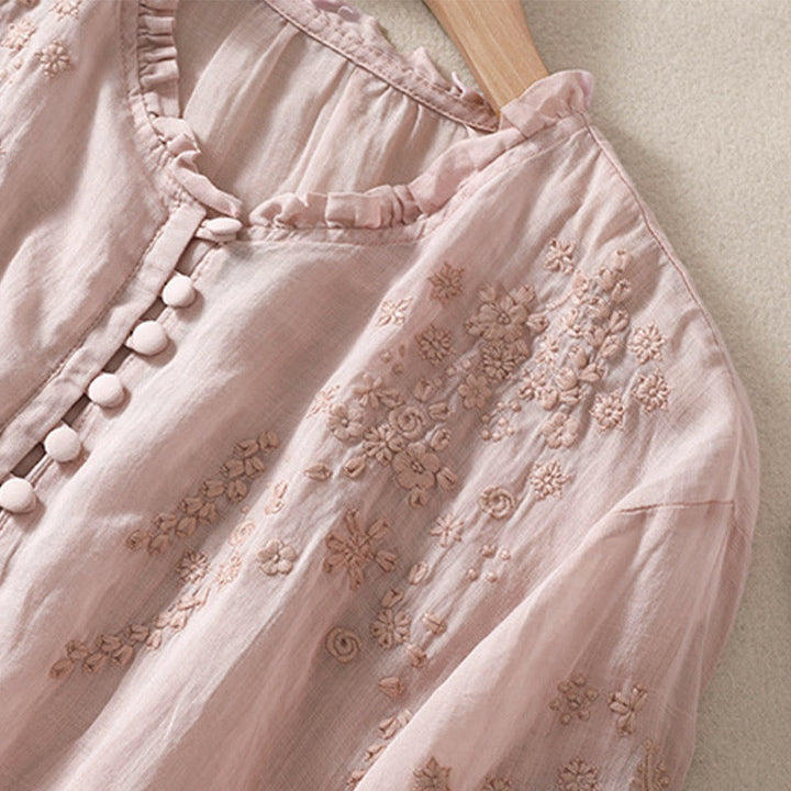 Camisa informal de manga corta abullonada con diseño floral bordado y botones lisos de Buddha Stones para mujer - image 18