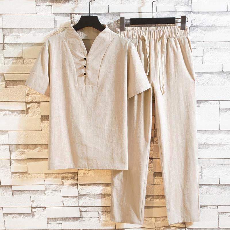 Conjunto de 2 camisetas y pantalones de manga corta con botones de algodón de color liso para hombre con Buddha Stones - Blanco antiguo - US/UK/AU44, UE54 (5XL) - image 11