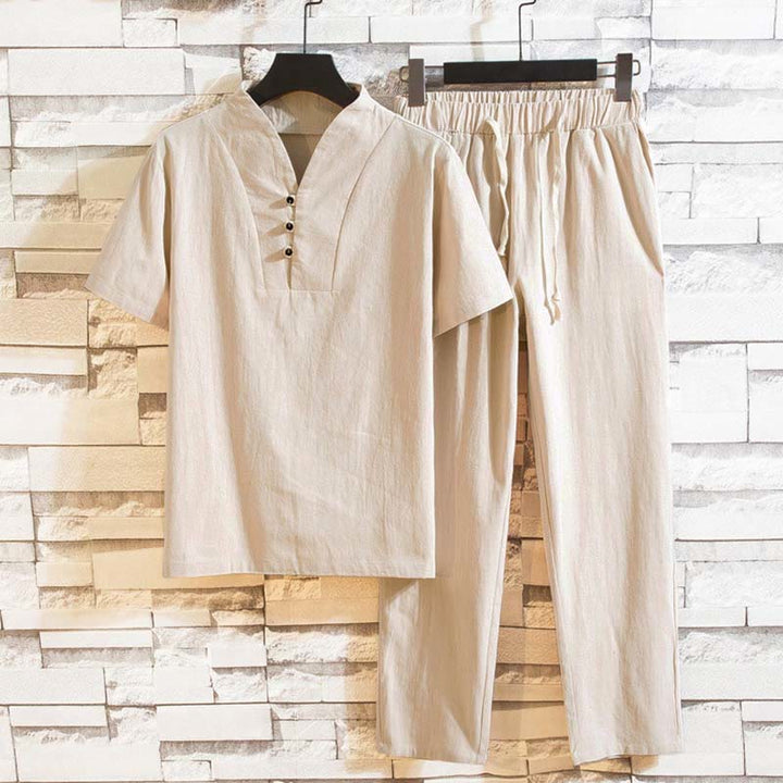 Conjunto de 2 camisetas y pantalones de manga corta con botones de algodón de color liso para hombre con Buddha Stones - Blanco antiguo - US/UK/AU44, UE54 (5XL) - image 11