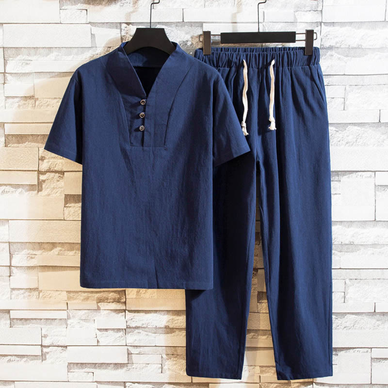 Conjunto de 2 camisetas y pantalones de manga corta con botones de algodón de color liso para hombre con Buddha Stones - Azul acero - US/UK/AU44, UE54 (5XL) - image 12