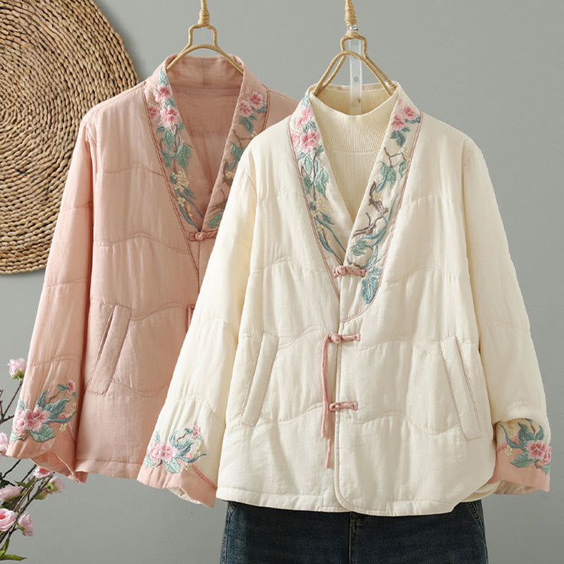 Chaqueta acolchada de algodón de manga larga para mujer con bordado de Buddha Stones y bolsillos - image 0