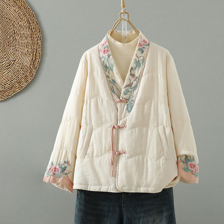Chaqueta acolchada de algodón de manga larga para mujer con bordado de Buddha Stones y bolsillos - Marfil - US12, UK/AU16, EU44 (2XL) - image 1