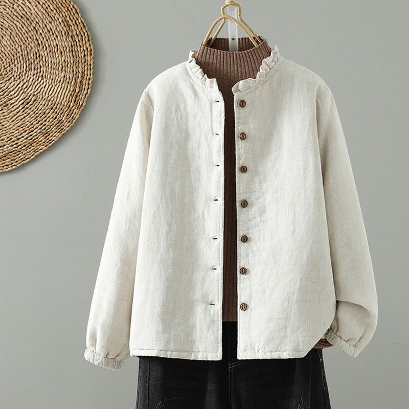 Chaqueta de algodón de manga larga con botones casuales y bolsillos para mujer de Buddha Stones - Marfil - US8-10，UK/AU12-14，EU40-42 (2XL) - image 0
