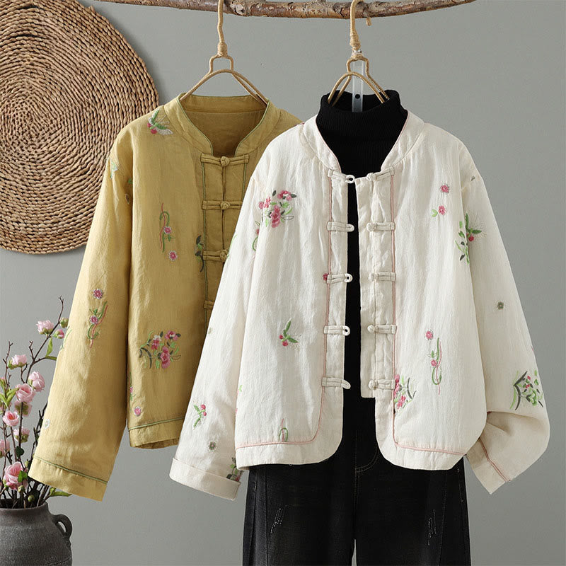Chaqueta acolchada de algodón de manga larga para mujer con bordado de flores y Buddha Stones y bolsillos - image 0