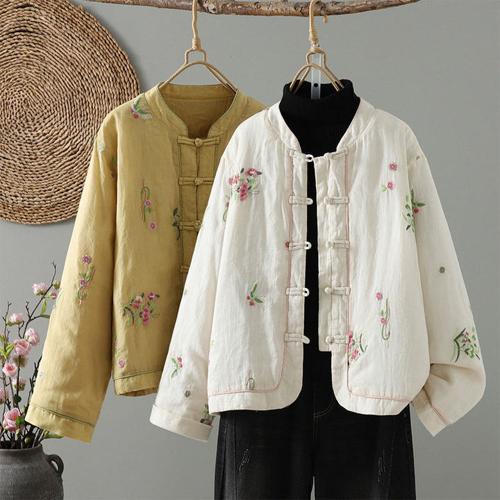 Chaqueta acolchada de algodón de manga larga para mujer con bordado de flores y Buddha Stones y bolsillos - image 0