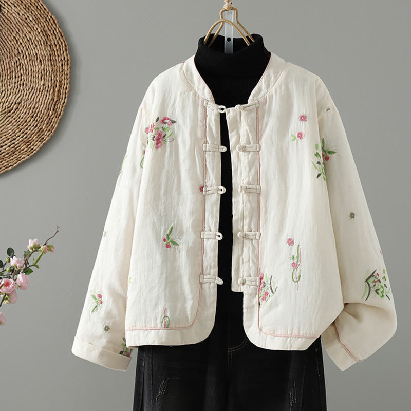 Chaqueta acolchada de algodón de manga larga para mujer con bordado de flores y Buddha Stones y bolsillos - Marfil - US8-10，UK/AU12-14，EU40-42 (2XL) - image 1