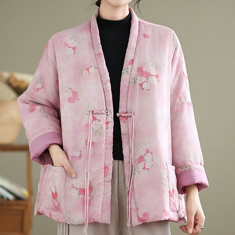 Chaqueta acolchada de algodón de manga larga para mujer con estampado de flores y Buddha Stones y bolsillos - image 4
