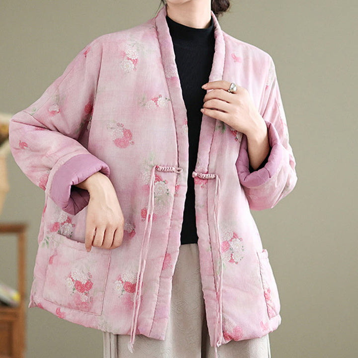 Chaqueta de manga larga para mujer con estampado de flores y Buddha Stones y bolsillos - Rosa - US12，UK/AU16，EU44 (XL) - image 0