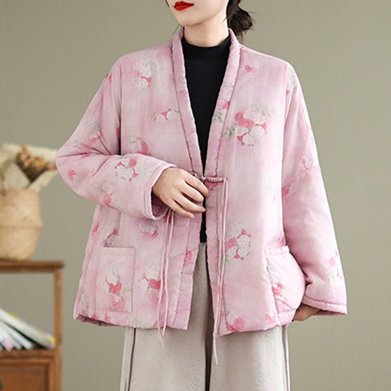 Chaqueta acolchada de algodón de manga larga para mujer con estampado de flores y Buddha Stones y bolsillos - image 2