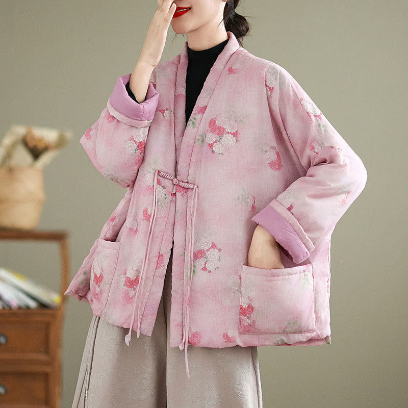 Chaqueta acolchada de algodón de manga larga para mujer con estampado de flores y Buddha Stones y bolsillos - image 1