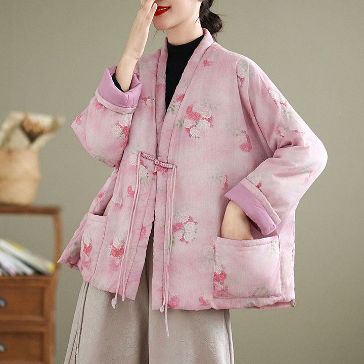 Chaqueta acolchada de algodón de manga larga para mujer con estampado de flores y Buddha Stones y bolsillos - image 1
