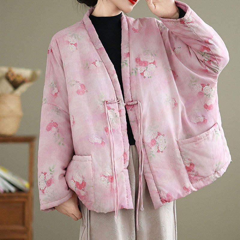 Chaqueta acolchada de algodón de manga larga para mujer con estampado de flores y Buddha Stones y bolsillos - image 3