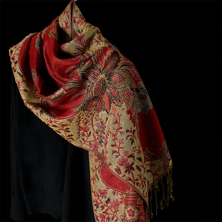 Bufanda chal suave con borlas y diseño de flores rojas de primavera y vides con piedras de Buddha Stones - Rojo - 180*70 cm - image 6
