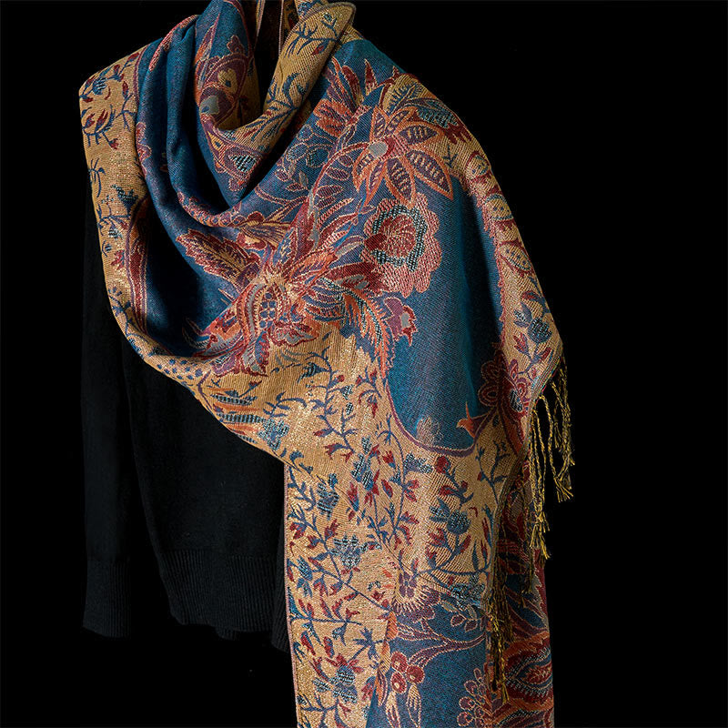 Bufanda chal suave con borlas y diseño de flores rojas de primavera y vides con piedras de Buddha Stones - Azul acero - 180*70 cm - image 0