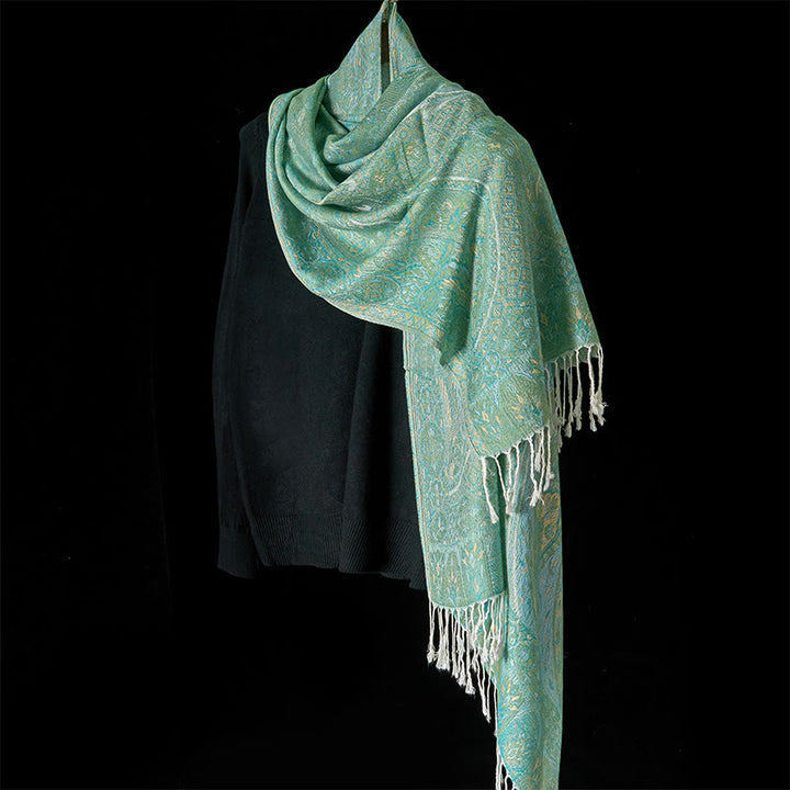 Bufanda chal acogedora con borlas y estampado geométrico de jacquard con flores de anacardo verde primaveral y Buddha Stones - image 2