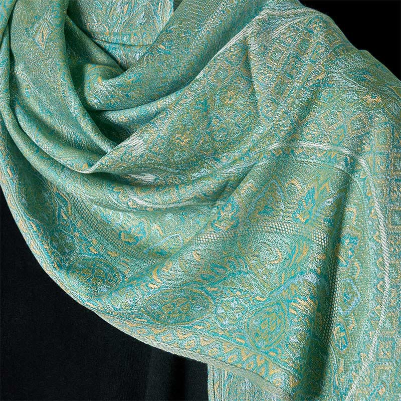 Bufanda chal acogedora con borlas y estampado geométrico de jacquard con flores de anacardo verde primaveral y Buddha Stones - image 3