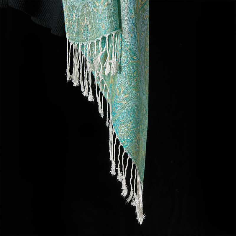 Bufanda chal acogedora con borlas y estampado geométrico de jacquard con flores de anacardo verde primaveral y Buddha Stones - image 5