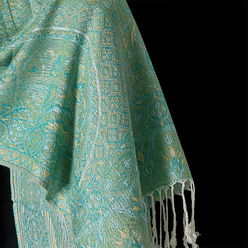 Bufanda chal acogedora con borlas y estampado geométrico de jacquard con flores de anacardo verde primaveral y Buddha Stones - image 4