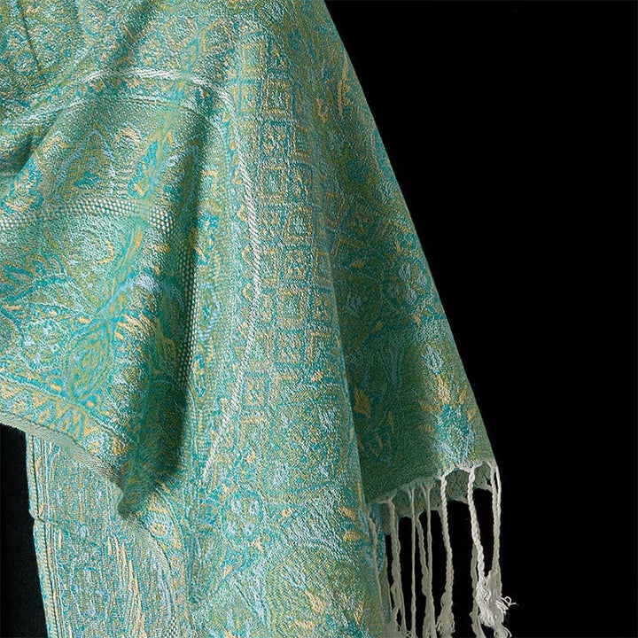 Bufanda chal acogedora con borlas y estampado geométrico de jacquard con flores de anacardo verde primaveral y Buddha Stones - image 4
