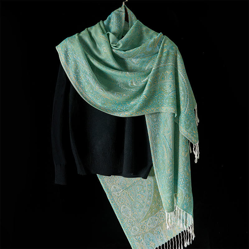 Bufanda chal acogedora con borlas y estampado geométrico de jacquard con flores de anacardo verde primaveral y Buddha Stones - image 1