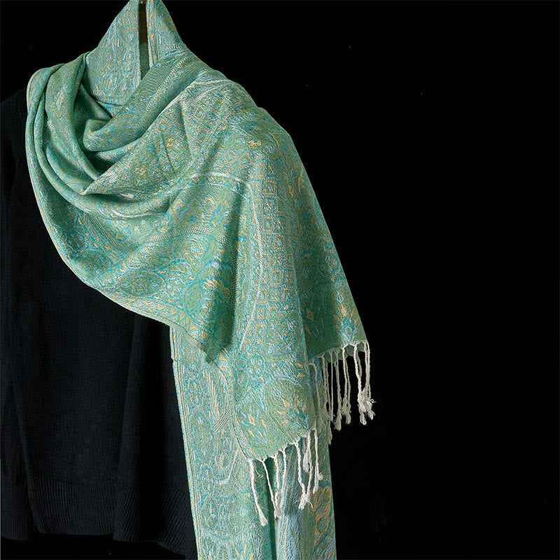 Bufanda chal acogedora con borlas y estampado geométrico de jacquard con flores de anacardo verde primaveral y Buddha Stones - Verde claro - 184*71 cm - image 0