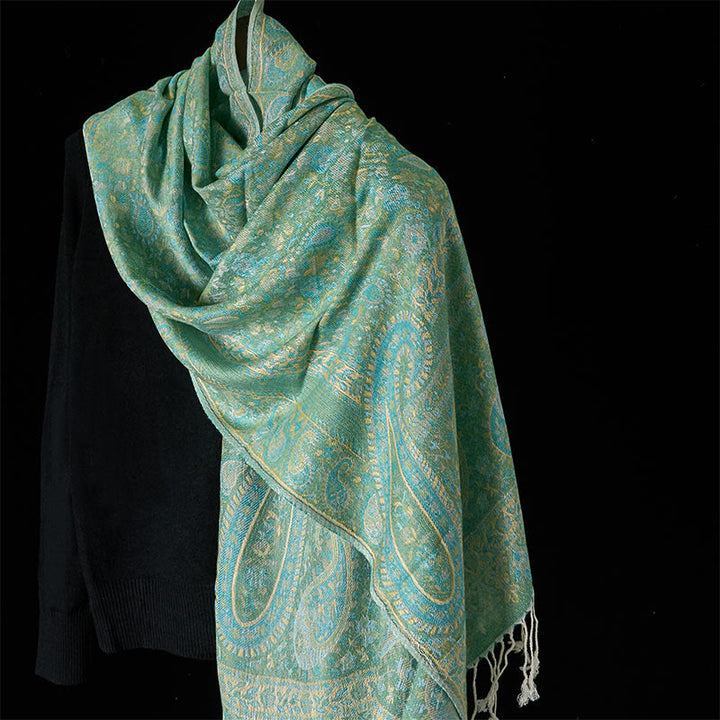 Bufanda tipo chal acogedora con borla, estampado geométrico de rayas y flores de anacardo en verde primavera de Buddha Stones - Verde claro - 170*70 cm - image 6