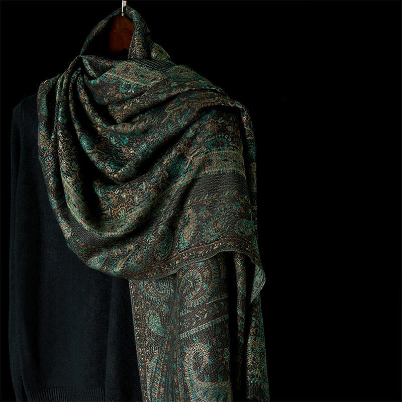 Bufanda tipo chal acogedora con borla, estampado geométrico de rayas y flores de anacardo en verde primavera de Buddha Stones - Verde azulado - 170*70 cm - image 0