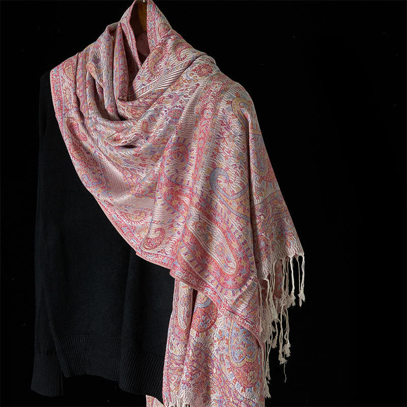 Buddha Stones Bufanda chal acogedora con borlas y estampado geométrico de flores de anacardo, color rosa claro y beige, primaveral - Rosa claro - 170*70 cm - image 0