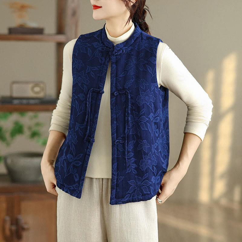 Chaleco de algodón sin mangas para mujer con estampado jacquard de Buddha Stones y botones de rana, con bolsillos - Azul medio - US8-10，UK/AU12-14，EU40-42 (2XL) - image 0