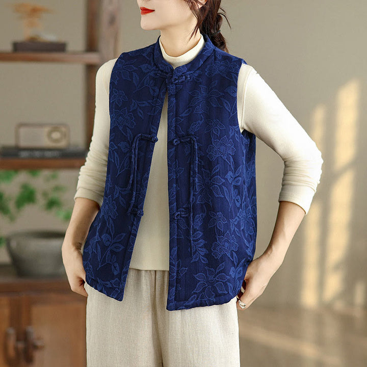 Chaleco de algodón sin mangas para mujer con estampado jacquard de Buddha Stones y botones de rana, con bolsillos - Azul medio - US8-10，UK/AU12-14，EU40-42 (2XL) - image 0