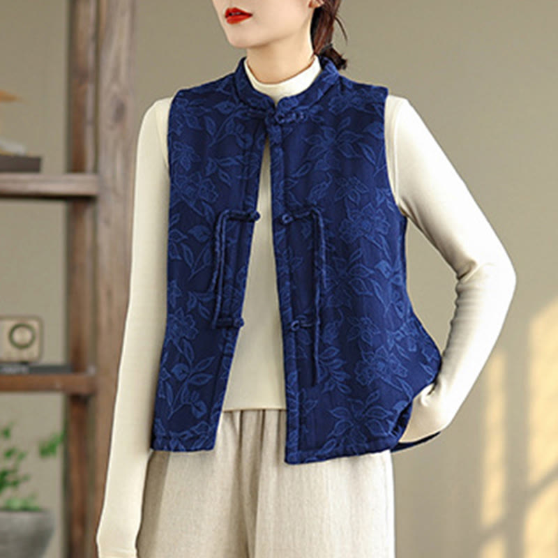 Chaleco de algodón sin mangas para mujer con estampado jacquard de Buddha Stones y botones de rana, con bolsillos - image 2