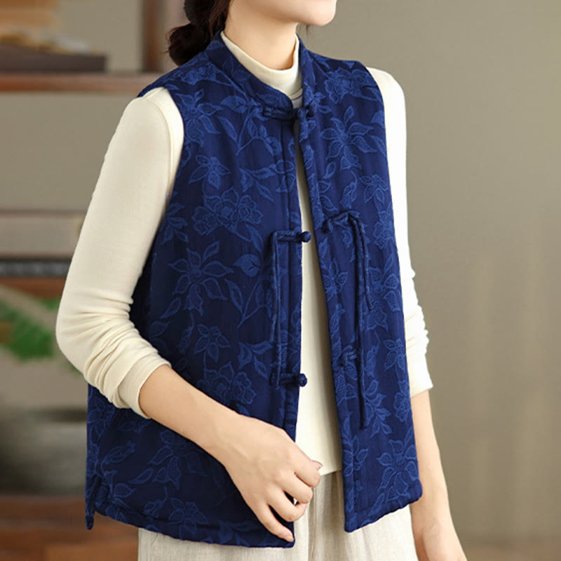 Chaleco de algodón sin mangas para mujer con estampado jacquard de Buddha Stones y botones de rana, con bolsillos - image 1