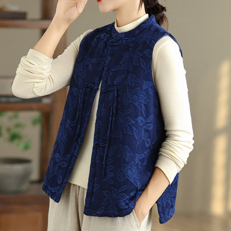 Chaleco de algodón sin mangas para mujer con estampado jacquard de Buddha Stones y botones de rana, con bolsillos - image 4