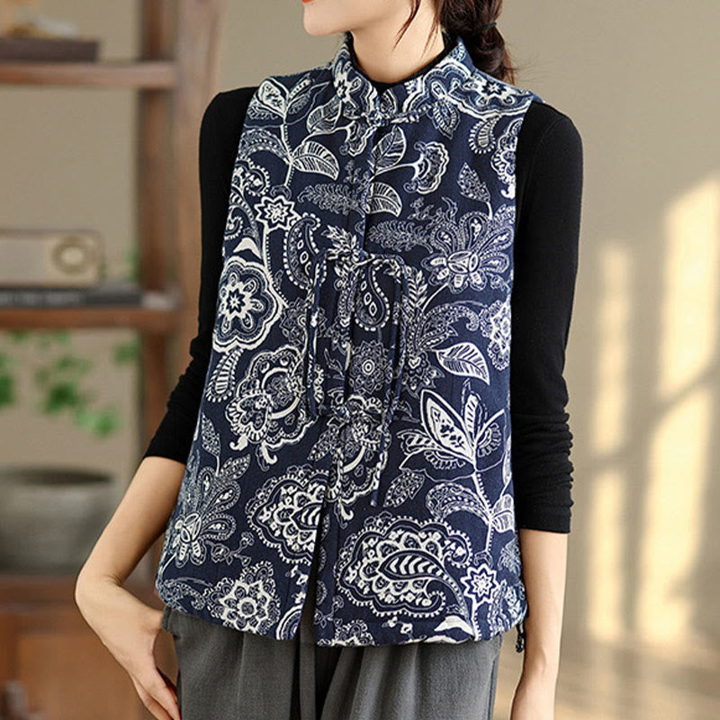 Chaleco de algodón sin mangas para mujer con estampado de plantas de Buddha Stones y botones de rana, con bolsillos - image 5