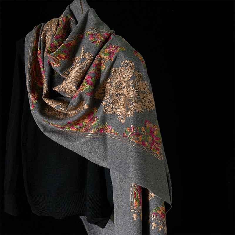 Bufanda chal acogedora con borlas y diseño de flores de vides coloridas de invierno con Buddha Stones - Gris - 185*70 cm - image 0