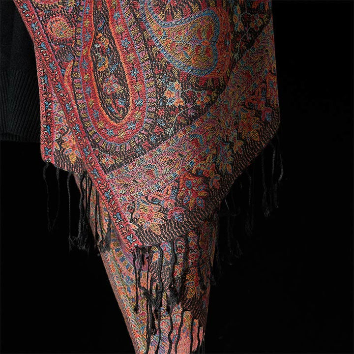 Bufanda chal suave con borlas y estampado de hojas y flores de anacardo marrón primaveral con Buddha Stones - image 5
