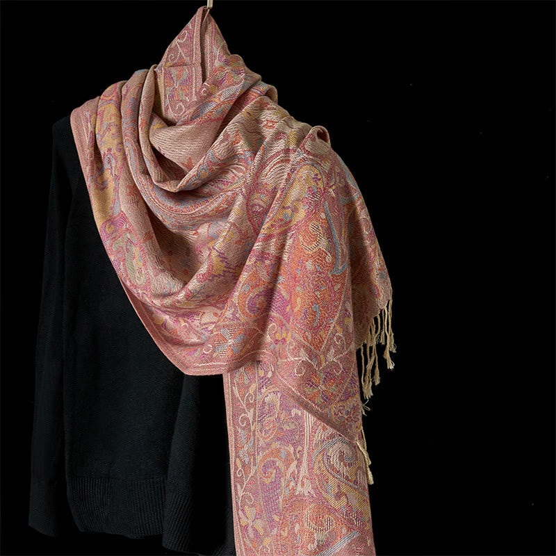 Bufanda chal suave con borlas y diseño de flores de anacardo primaverales con Buddha Stones - Coral claro - 184*70 cm - image 0
