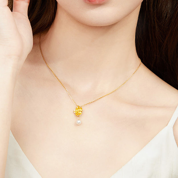 Collar con colgante curativo de perlas de camelia y oro bañado en plata de ley 999 con Buddha Stones - image 7