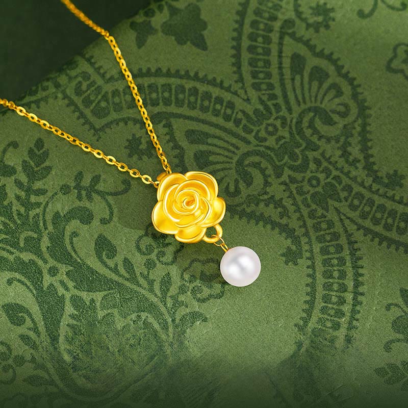 Collar con colgante curativo de perlas de camelia y oro bañado en plata de ley 999 con Buddha Stones - image 1