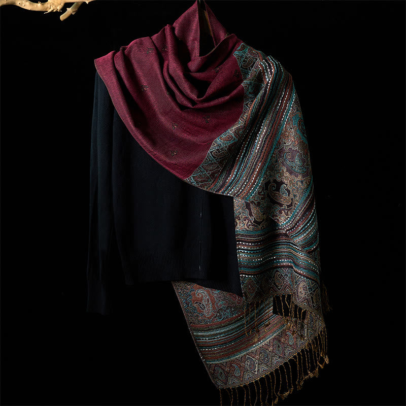 Bufanda chal suave con borlas y diseño geométrico de rayas y flores de anacardo de primavera de Buddha Stones - image 7