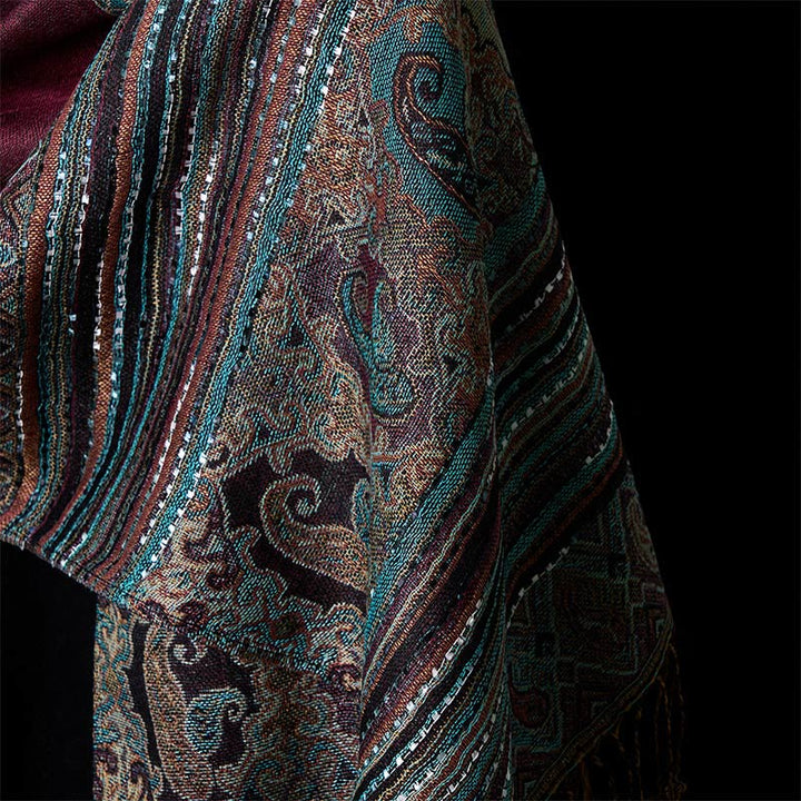 Bufanda chal suave con borlas y diseño geométrico de rayas y flores de anacardo de primavera de Buddha Stones - image 10