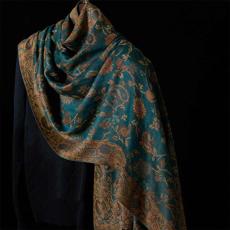 Bufanda chal suave con borlas y estampado floral de hojas y flores de anacardo verde oscuro de Buddha Stones - Verde azulado 180*70cm - image 0
