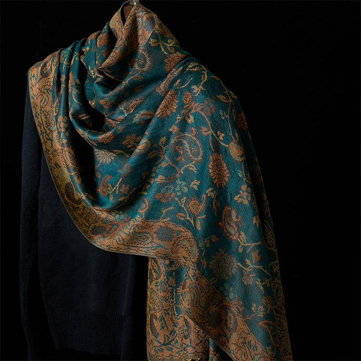 Bufanda chal suave con borlas y estampado floral de hojas y flores de anacardo verde oscuro de Buddha Stones - Verde azulado 180*70cm - image 0
