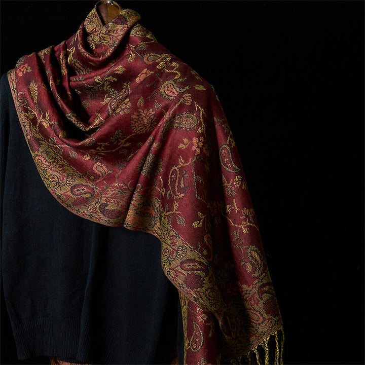 Bufanda chal suave con borlas y estampado floral de hojas y flores de anacardo rojo oscuro de Buddha Stones - Rojo oscuro 180*70cm - image 0