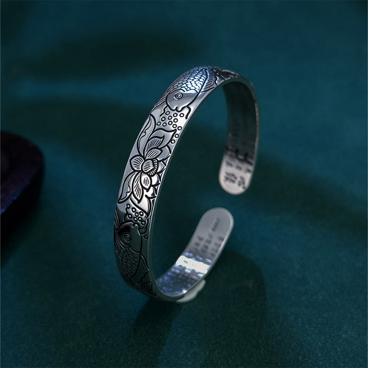Pulsera ajustable abierta de cobre con Buddha Stones, sutra del corazón, pez koi, loto y riqueza - image 1