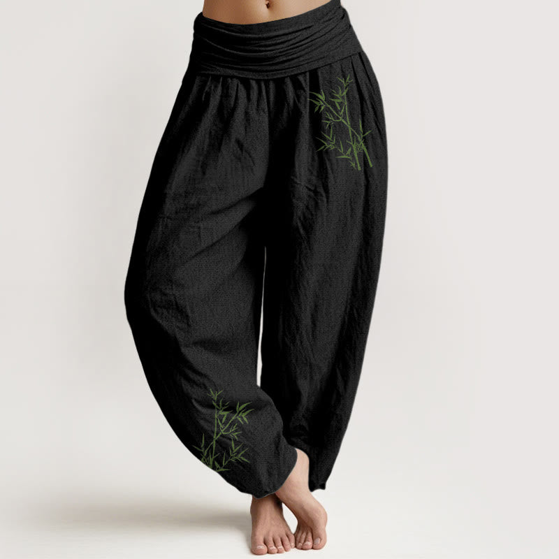 Pantalones harén de algodón puro con cintura elástica para mujer, estampado de Buddha Stones y bambú verde - Negro - US22，UK/AU26，EU54 (6XL) - image 0