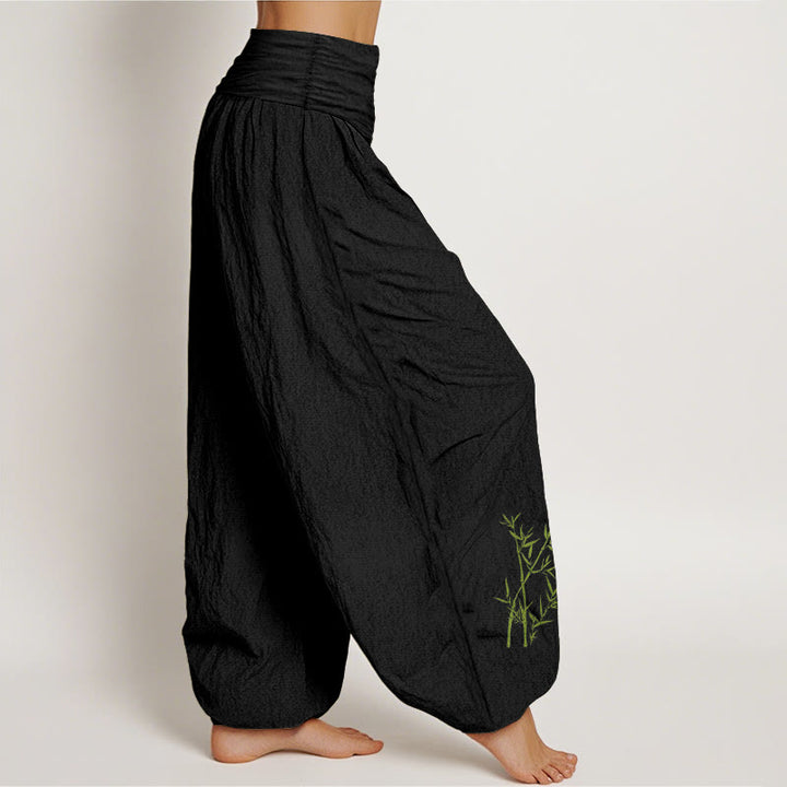 Pantalones harén de algodón puro con cintura elástica para mujer, estampado de Buddha Stones y bambú verde - image 1